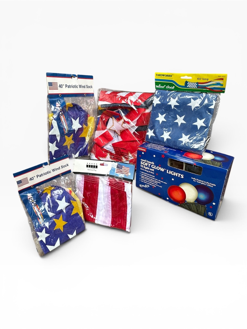 USA Patriotic Red, White, & Blue Holiday Decor Flags, Windsocks and Rope Lights